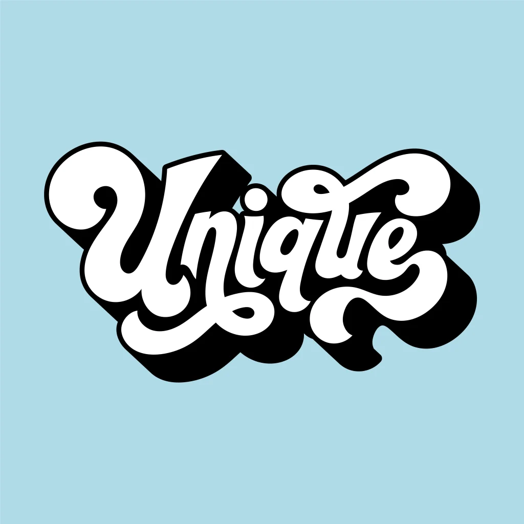 Das Wort 'unique' ist in kinetischer Typografie auf einem blauen Hintergrund geschrieben.