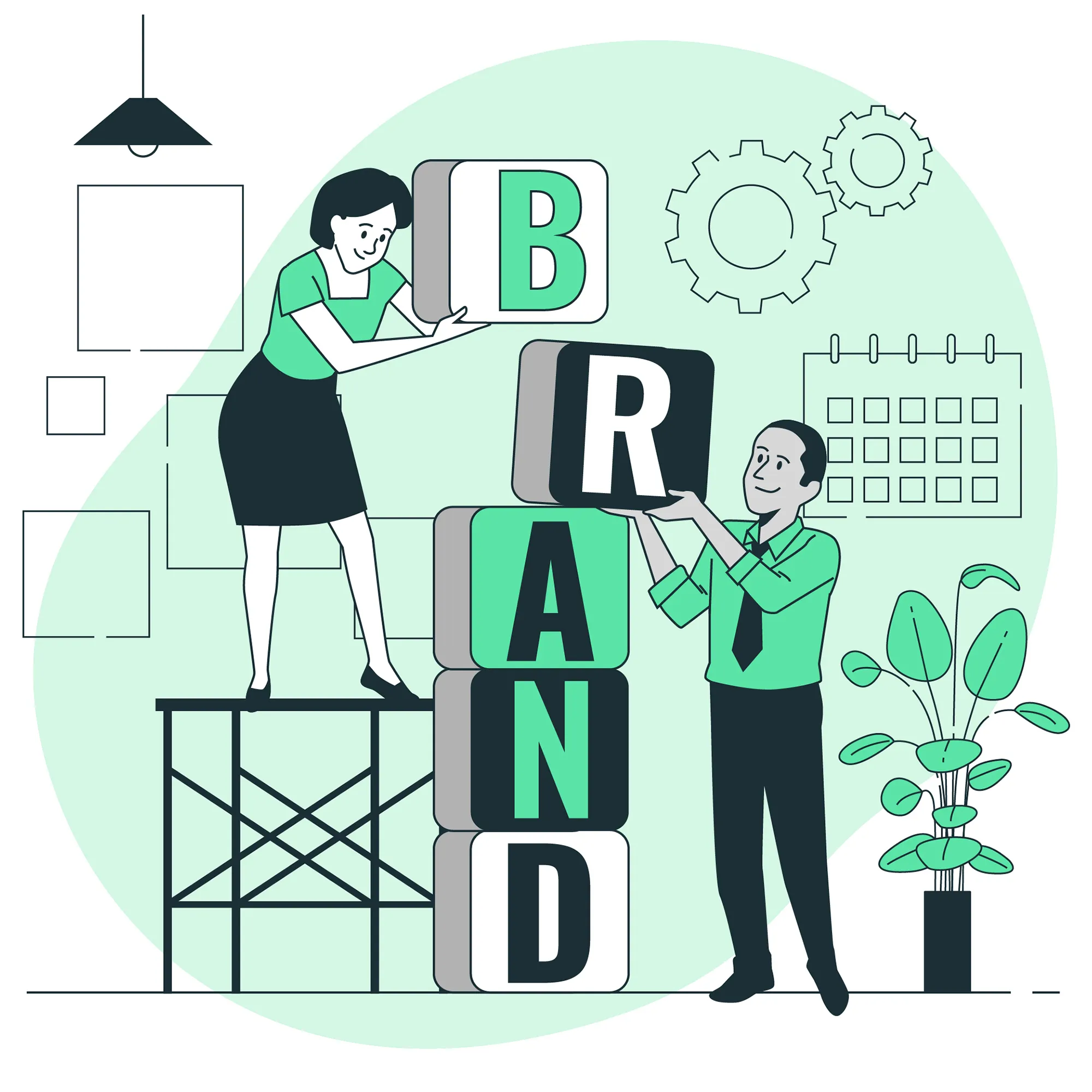 Two individuals working together to build blocks that display the word "brand," representing partnership and creativity in action.