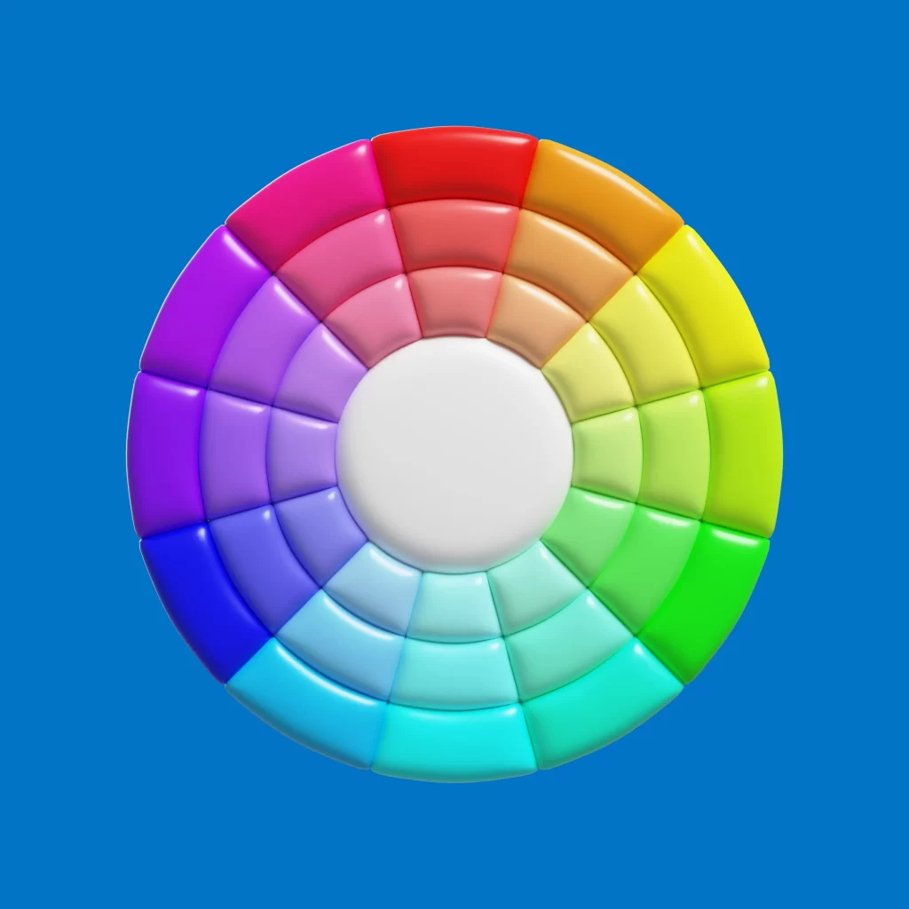 A colorful web design color wheel with a white center, displayed on a blue background, showcasing various hues.