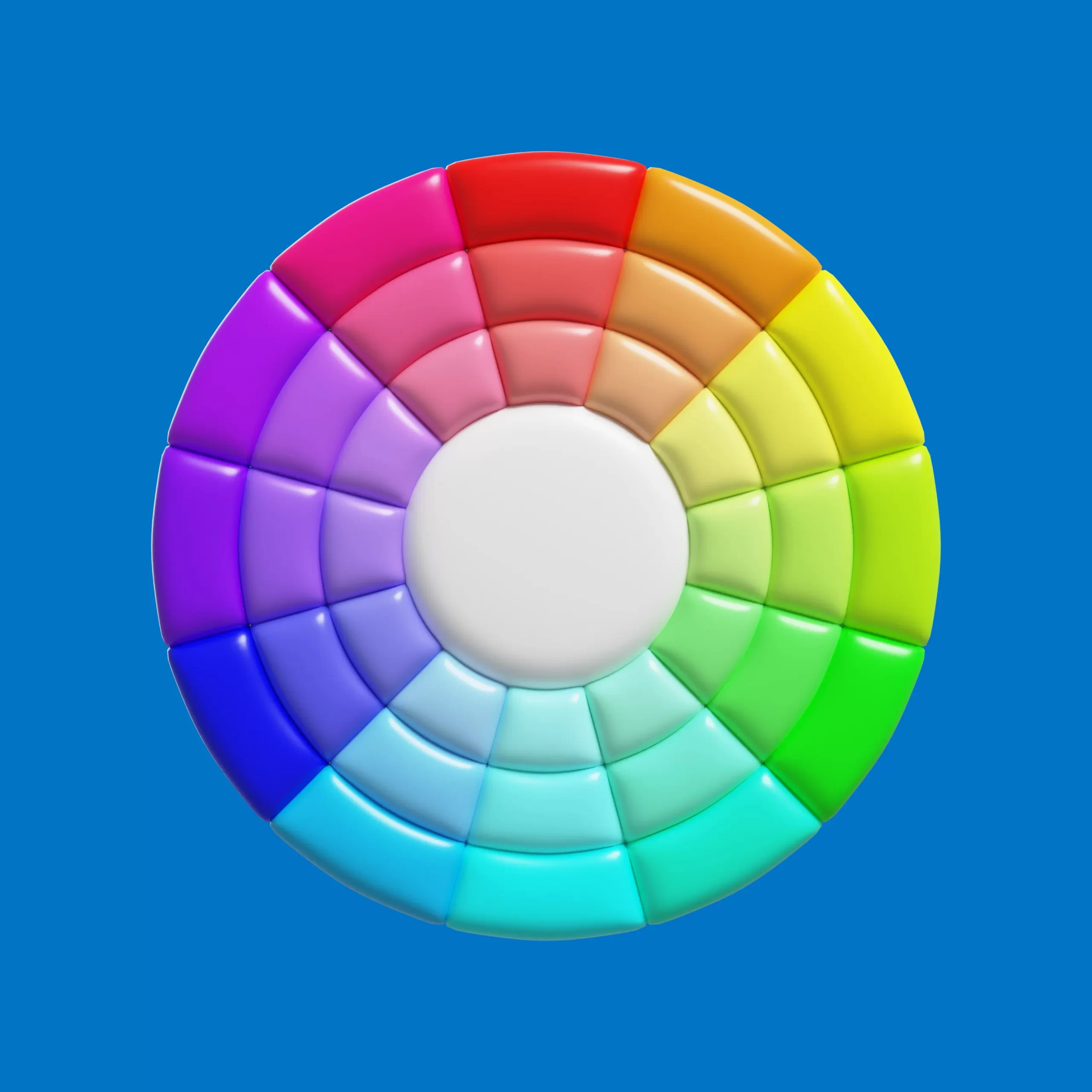 A colorful web design color wheel with a white center, displayed on a blue background, showcasing various hues.